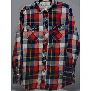 Roebuck & Co Red Blue Plaid Flannel Shirt Men's L Cotton Pockets Lumberjack Vibe